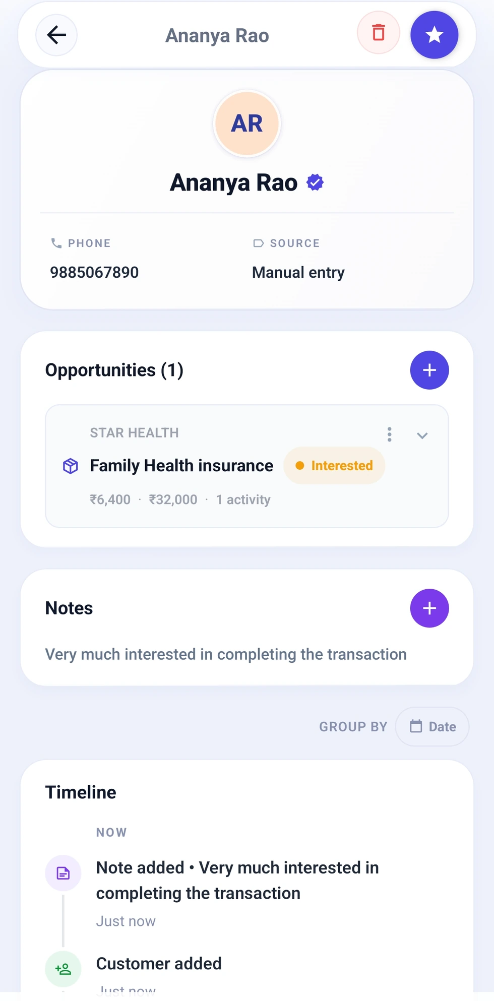 ChaloCRM customer detail screen showing relationship and opportunity context